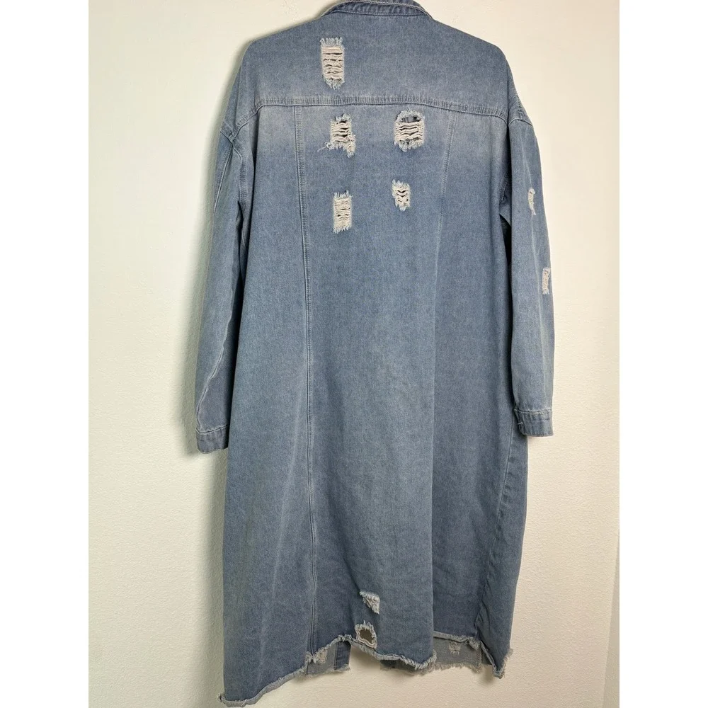 Unbranded Distressed Longline Denim Jacket Light Wash Ripped Duster Coat 2XL - Picture 3 of 6